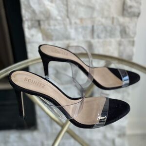 SCHUTZ Black and Clear Stiletto Mule Sandals